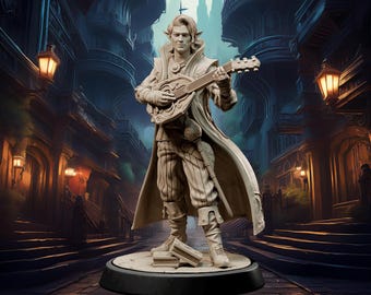 Half Elf, Male, Bard, Rogue, Leather, Vest Coat, Sabre, Guitar, Belt Pouch, Mandolin, Striped Pants- 25/28/32/75mm Fantasy Miniature