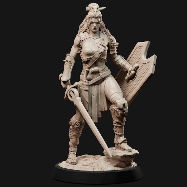 Human, Half-Orc, Female, Fighter, Barbarian, Gladiator, Bastard Sword, Large Shield, Boiled Leather Cuirass, Frowning - 25/32/75mm Miniature