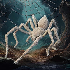 May include: A large, white spider with hairy legs sits in a web. The spider is in focus, while the web and background are blurred.