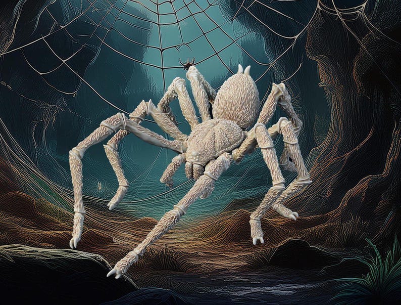 May include: A large, white spider with hairy legs sits in a web. The spider is in focus, while the web and background are blurred.