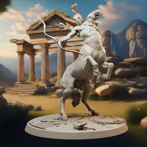 Op de afbeelding: Een wit geverfd beeldje van een centaur boogschutter, die een boog en pijl vasthoudt, staand op een ronde basis met een getextureerd oppervlak.