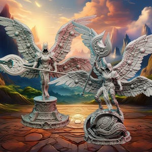 May include: Two detailed angel statues with large, feathered wings and ornate bases. One angel holds a staff, the other a weapon. The statues are set against a backdrop of a sunset sky and mountainous terrain.