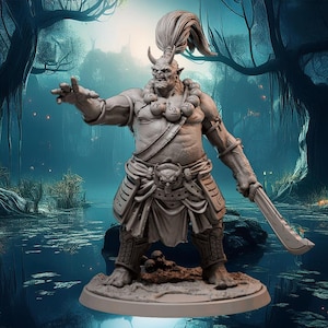 May include: A detailed miniature figurine of a demon with a horned helmet, holding a sword and wearing a beaded necklace and a loincloth. The figurine is posed in a dynamic stance, with one hand raised and the other holding the sword. The figurine is painted in a realistic style, with a gray and brown color scheme.