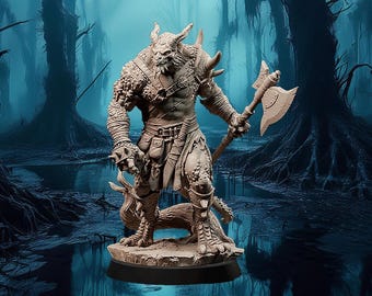 Dragonborn, Male, Fighter, Barbarian, Unarmored, Snarling, Wielding Axe - 25/28/32/75mm Fantasy Miniature