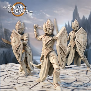 May include: Three detailed figurines of armored figures with shields and swords. The figures are in a battle stance, with intricate designs on their armor and shields. The text "the printing goes ever on" is at the top.