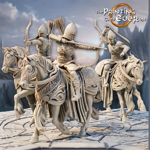 May include: Three white plastic miniature figures of mounted archers, each riding a horse with detailed armor and a bow and arrow. The figures are posed in a dynamic action stance, with the archers aiming their bows. The text "the PRINTING goes EVER on" is visible in the background.