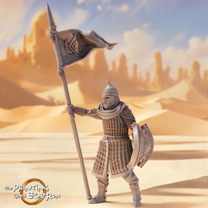 Flag Bearer, Bannerman, Fighter, Cloak, Spiked Plate, Chain Mail, Spear, Full Face Helm, Flag, Middle-Eastern - 25/32/75mm Fantasy Miniature