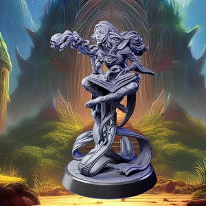 Drow Elf, Female, Necromancer, Sorcerer, Mage, Wizard, Floating, Spell Book, Skulls, Casting, Long Hair - 25/28/32/75mm Fantasy Miniature