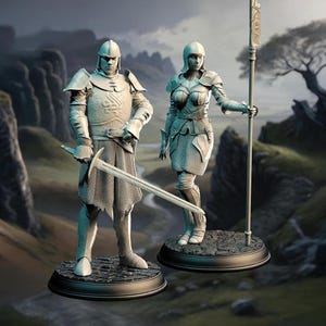 May include: Two detailed statues of medieval knights, one male and one female, stand on circular bases. The male knight holds a sword, while the female knight holds a spear. Both figures are clad in armor, with helmets and chainmail. The background features a landscape.