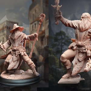 Human, Male, Wizard, Mage, Evoker, Staff, Sword, Potions, Reinforced Robes, Beard, Burly, Robes - 25/28/32/40/75mm Fantasy Miniature