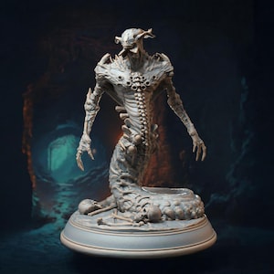 May include: A detailed, grey, skeletal, humanoid figure with a long, serpentine tail. The figure is posed in a standing position with its arms outstretched. The figure is standing on a circular base with a textured surface. The figure is a 3D printed model.