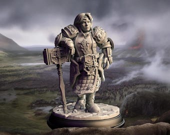 Dwarf, Female, Cleric, Warrior, Fighter, Knight, Battle Hammer, Relaxed, Smirk, Armor - 25/28/32/40/75mm Fantasy Miniature