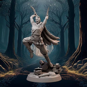 May include: A detailed figurine of a warrior in mid-leap, holding two curved blades aloft. The figure is clad in armor and a cape, set against a backdrop of a dark forest. The base includes scattered debris.