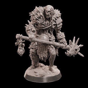 May include: A gray, detailed miniature of a monstrous, undead creature with a bone club and a shield. The creature is covered in fur, bones, and rope.