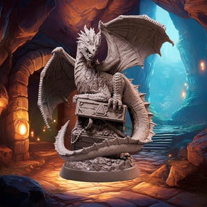 Puede incluir: Una figura de dragón gris con las alas extendidas, posada sobre un cofre del tesoro. El dragón está sentado sobre una base con un fondo de cueva.