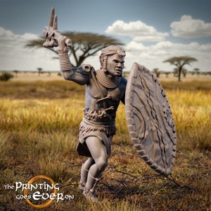 May include: A gray 3D printed miniature of a warrior figure holding a spear and a shield. The figure is wearing a loincloth and a necklace. The figure is standing in a grassy field.