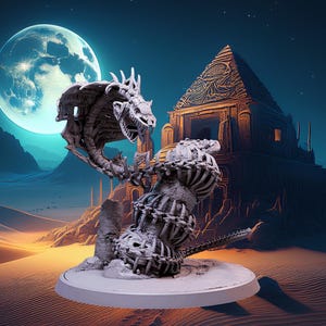 May include: A detailed, gray, skeletal dragon sculpture with a long, serpentine tail. The dragon is posed in a coiled position with its head raised and mouth open, revealing sharp teeth. The sculpture is set against a backdrop of a desert landscape with a large, bright moon in the sky.