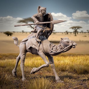 Tribal, Warrior, Fighter, Spear, Melanated, Tall Shield, Bald, Skull, Camel, Mounted, Advancing, East Africa - 25/32/75mm Fantasy Miniature
