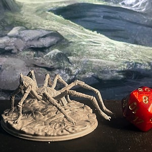 May include: A grey, detailed miniature of a spider with eight legs, standing on a round base. The spider is posed in a crawling position with its front legs raised. A red 20-sided die with gold numbers is in the background.