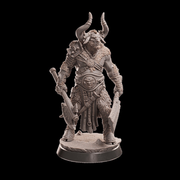 Masculino, Minotauro, Bárbaro, Guerrero, Luchador, Hacha Grande, Cuchilla, Torso Desnudo, Espada Corta, Pieles, Cuernos, Cinturón - Miniatura de Fantasía de 25 a 75 mm