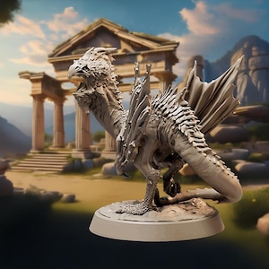 May include: A detailed, grey, two-headed dragon figurine with wings outstretched. The dragon is standing on a round base.