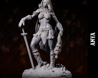Human, Female, Fighter, Barbarian, Ranger, Rogue, Cape, Bastard Sword, Breast Guards, Sword - 25/28/32/75mm Fantasy Miniature