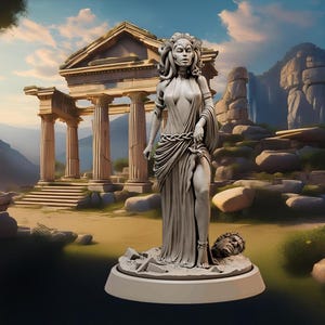 May include: A white painted statue of Medusa, a Greek mythological figure with snakes for hair, standing in front of a ruined temple. She is holding a sword in her right hand and a severed head in her left hand.