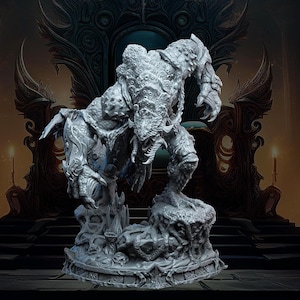 May include: A grey fantasy figurine depicting a monstrous creature with a textured, armoured body, sharp claws, and a menacing expression. The figure stands on a detailed base, set against a dark, ornate background, suggesting a fantasy or gaming theme.