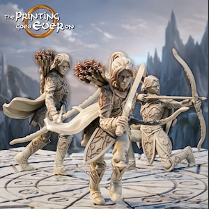 May include: Three 3D printed figurines of elves, each holding a bow and arrow. The elves are wearing detailed armor and have long, flowing hair. The figures are painted in a light brown color.