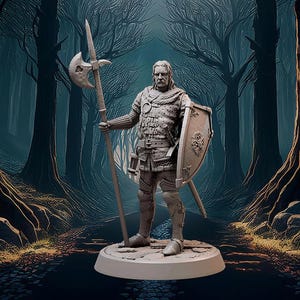 May include: A detailed figurine of a medieval warrior, holding a halberd and shield, stands on a circular base. The warrior is clad in armor and a tunic, with a sword at his side. The background is a digitally painted forest scene.