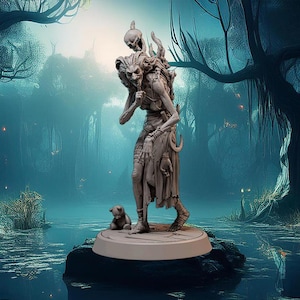May include: A detailed, hand-painted miniature figurine of a creature with a skull on its back, holding a small animal in its hand. The figurine is standing on a circular base and is set against a dark, atmospheric background.