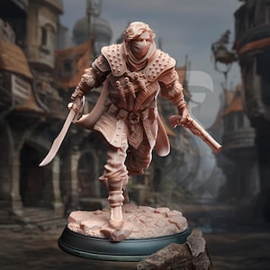 May include: A detailed figurine of a running character, clad in a light brown outfit with a mask, holding a sword and a pistol. The figure is posed on a small, textured base, with a blurred cityscape in the background. The overall aesthetic suggests a fantasy or historical theme.