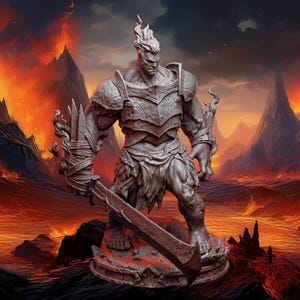 May include: A gray statue of a muscular warrior with flames on his head and arms, holding a large sword. The statue is set against a fiery, volcanic landscape with mountains and lava.