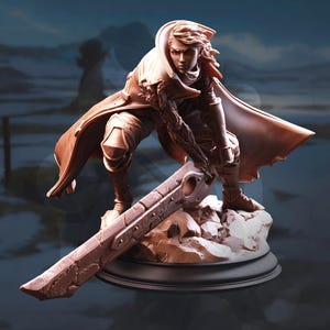 May include: A bronze-colored figurine of a warrior in a dynamic pose, holding a large sword. The figure is clad in armor and a flowing cape, standing on a rocky base. The overall design suggests a fantasy theme.