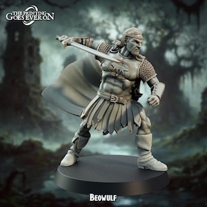 May include: A gray plastic miniature figurine of a warrior holding a sword. The figurine is standing on a round base with the word "BEOWULF" printed on it. The figurine is posed in a fighting stance with the sword raised above his head.