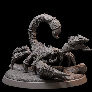 May include: A detailed gray 3D printed model of a scorpion with a textured, spiky exoskeleton. The scorpion is posed with its tail raised and its claws extended.