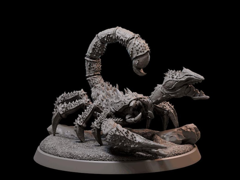 May include: A detailed gray 3D printed model of a scorpion with a textured, spiky exoskeleton. The scorpion is posed with its tail raised and its claws extended.