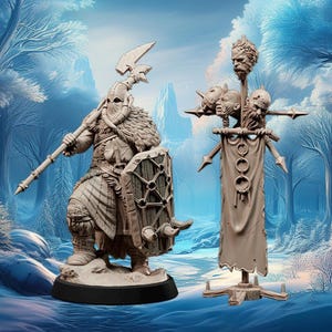 Human, Male, Viking, Barbarian, Fighter, Warrior, Bare Chested, Axe, Wolf Shield, Dagger, Tusks, Helm- 25/32/75mm Fantasy Miniature