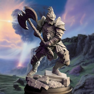 May include: A detailed statue of a knight in full armor, holding a large battle axe. The knight is posed on a stone base, with a detailed helmet and chest plate. The statue is a neutral color, with a detailed design.