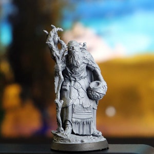 Firbolg, Elf, Male, Druid, Wizard, Arcane Staff, Collection Pot, Leafy Cloak, Leaning on Staff 25/28/32/75mm Fantasy Miniature