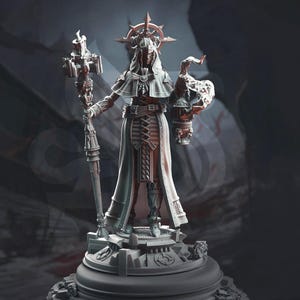 May include: A detailed, gray figurine of a robed figure holding a staff and a skull-shaped lantern. The figure wears a crown and stands on a circular base with intricate designs. The overall aesthetic is gothic and fantasy-themed.