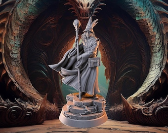 Humano, Masculino, Mago, Hechicero, Conjurador, Bastón, Magia, Túnicas, Libro de hechizos, Cabello largo, Sombrero de mago - Miniatura de fantasía de 25/28/32/40/75 mm