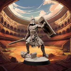 Human, Male, Fighter, Barbarian, Long Sword, Bare Chested, Face Shield, Helmet, Blocking with Metal Shield, on Column - 25/32/75mm Miniature
