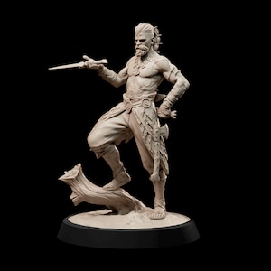 May include: A detailed figurine of a warrior with a beard and a knife in one hand and an axe in the other. The warrior is standing on a tree stump and is wearing a loincloth and a necklace. The figurine is made of a light brown material.