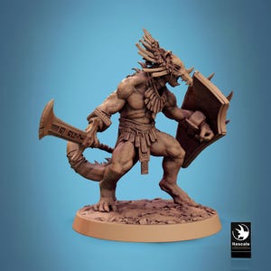 May include: A brown, detailed miniature figurine of a creature with a feathered headdress, holding a shield and a sword. The creature has a reptilian appearance with a long tail and sharp claws.