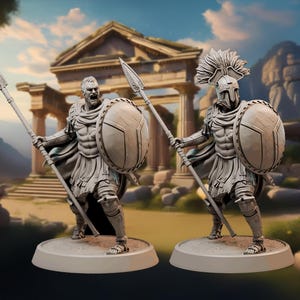 May include: Two detailed miniature figures of Greek warriors, each holding a spear and shield. The figures are painted in a neutral gray color and are posed in a dynamic fighting stance. The figures are set against a backdrop of a Roman-style building and a cloudy sky.