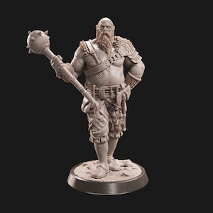 May include: A gray, detailed miniature figurine of a bearded warrior holding a spiked mace. The warrior is wearing a kilt and leather armor. The figurine is standing on a round base.