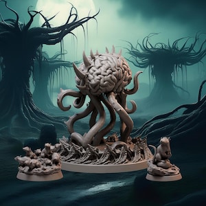 May include: A grey fantasy miniature set depicting a central brain-like entity with tentacles, accompanied by smaller figures. The backdrop is a dark, eerie landscape with twisted trees and a full moon, evoking a sense of mystery and the unknown.