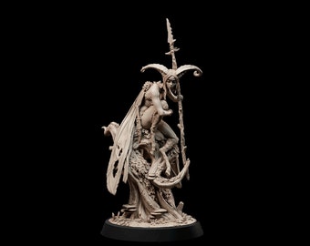 Fey, &quot;Skelka,&quot; Female, Nymph with wings, Seated on Tree, Spear, Horned - 25/28/32/75mm Fantasy Miniature