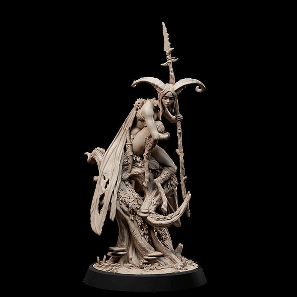 Fey, "Skelka," Female, Nymph with wings, Seated on Tree, Spear, Horned - 25/28/32/75mm Fantasy Miniature